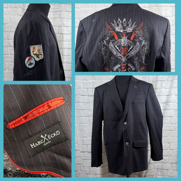 VTG Marc Ecko Cut And Sew Mens XL 42L Sport Coat Embroidered Jacket Punk Patches